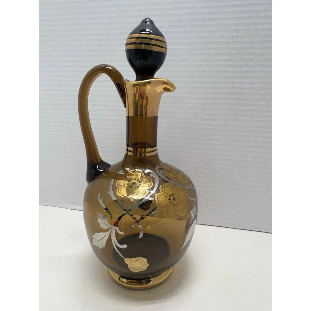 VTG Bohemian Amber Glass Decanter Set Gold Gilt Enamel Flowers 4 Pc Czech NICE